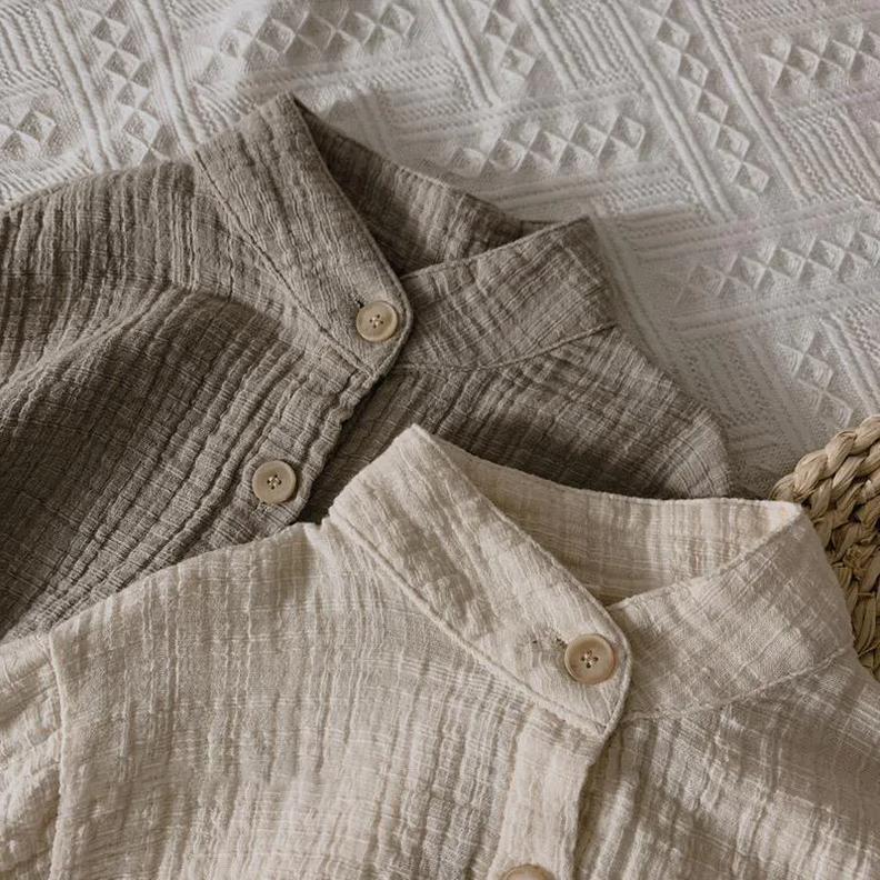 Camisas Retro de algodón y lino para niños 90 cm Beige-3