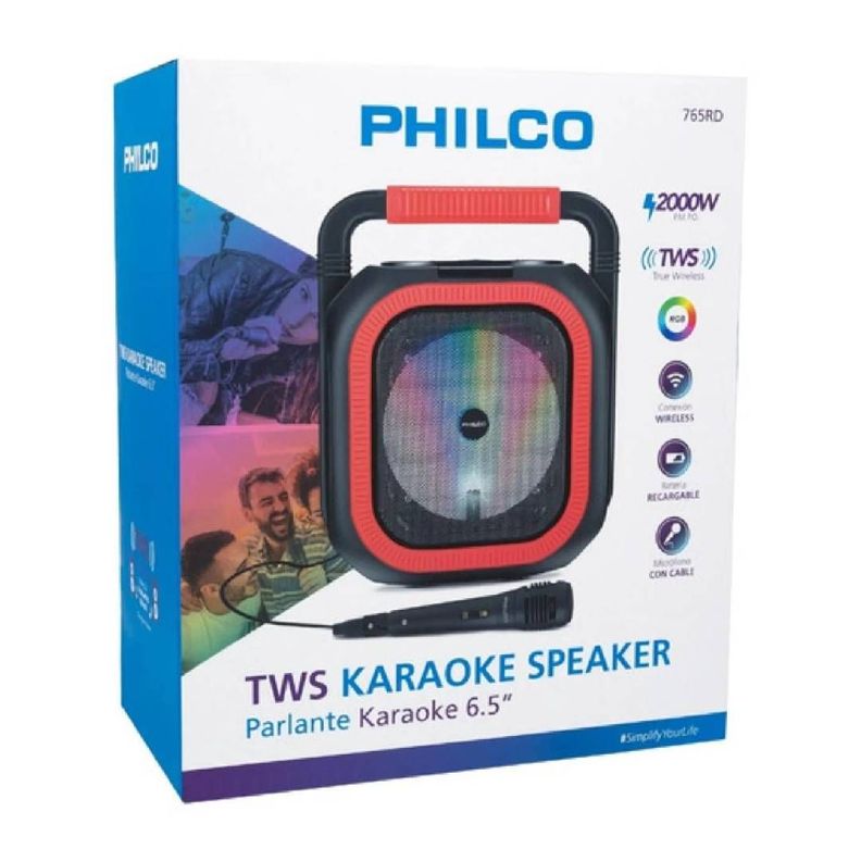 Parlante de Karaoke Philco 765RD 6.5 TWS, Luces RGB, Rojo-1