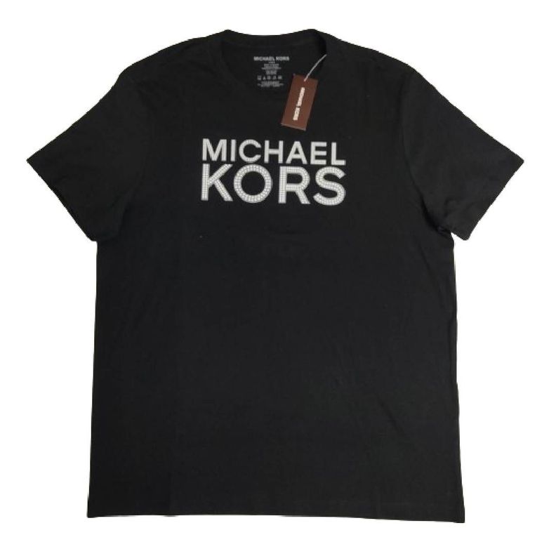 Polera MK Negra Cuello Redondo Con Letras y Puntos Blancos L-0