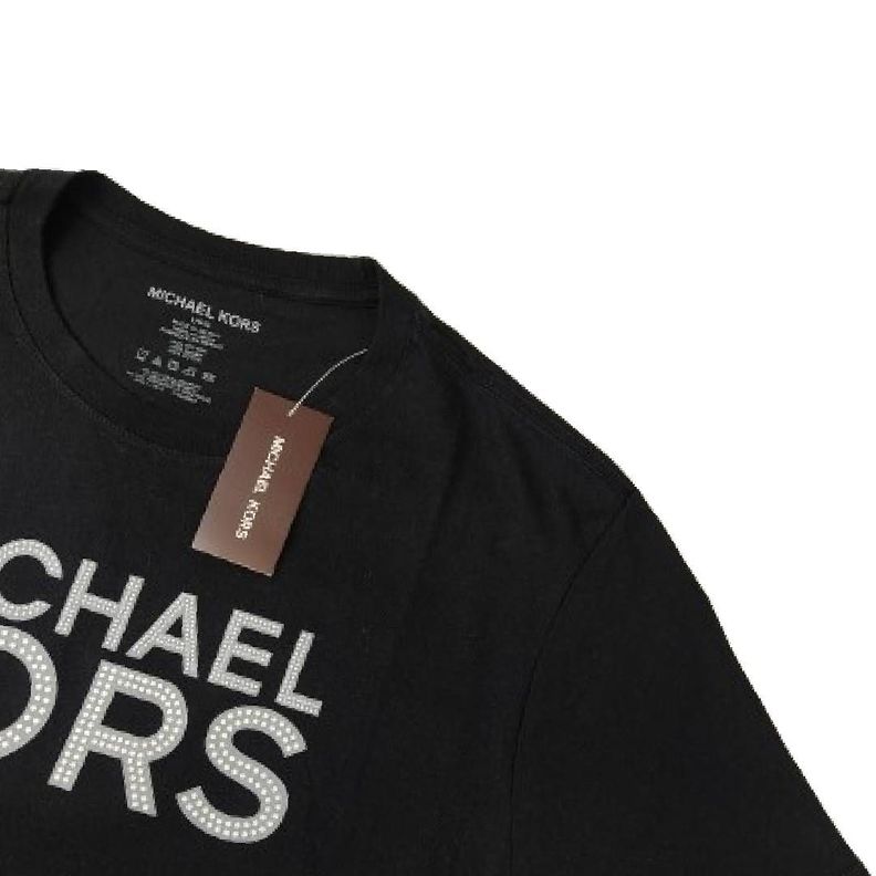 Polera MK Negra Cuello Redondo Con Letras y Puntos Blancos L-3