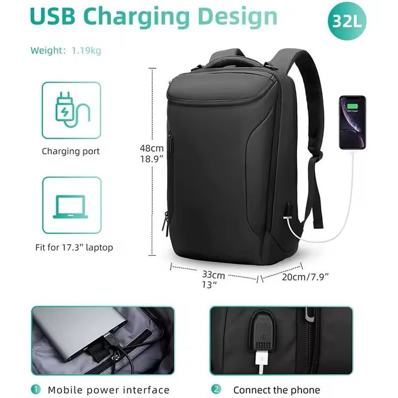 Mochila Impermeable Multifuncional Carga USB Ideal Viajes y Oficina-4