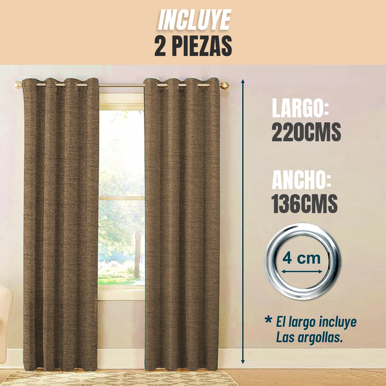 Cortina Cafe Blackout 100%, 2 Paños De 220x140cm Textura Lino-1