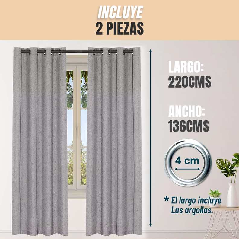 Cortina Gris Blackout 100%, 2 Paños De 220x140cm Textura Lino-1