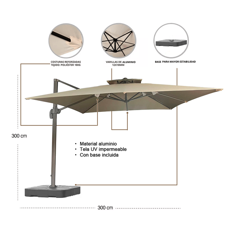 Toldo Sombrilla Lateral Premium Line 3x3 Con Base Giratoria-1