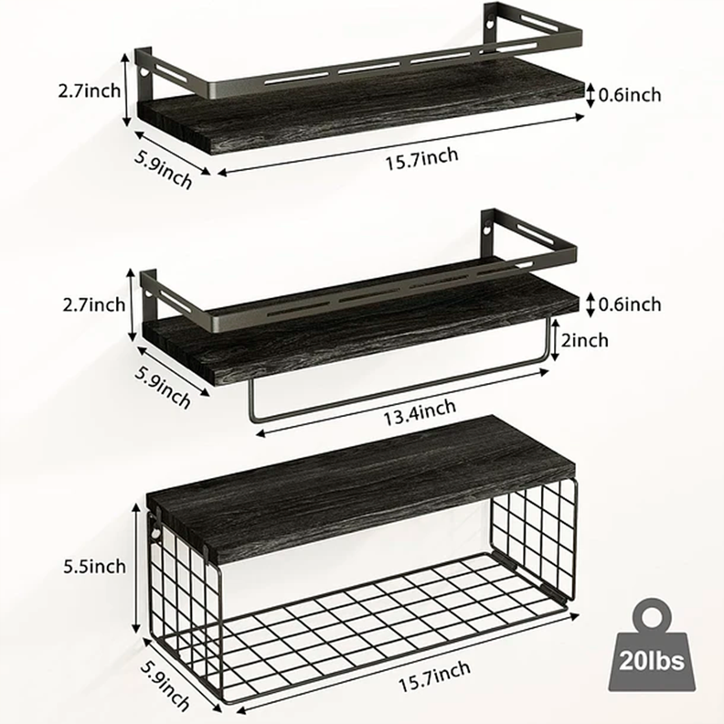 Repisas Flotantes De Madera Modernas X3 Con Reja Pino Nano0149-1