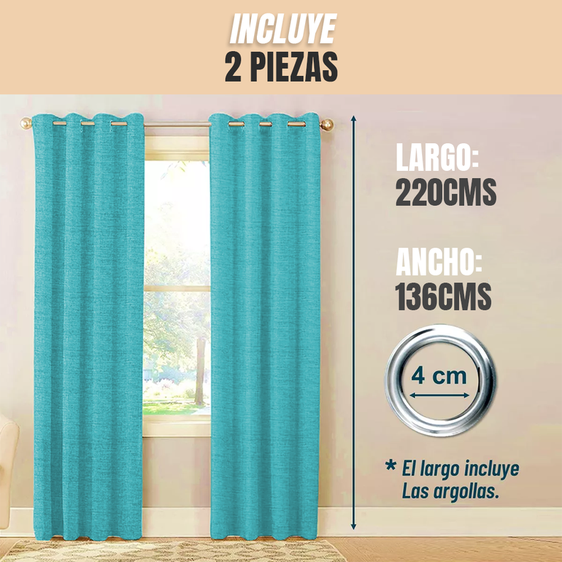 Cortina Turquesa Blackout 100%, 2 Paños De 220x140cm Textura Lino-1
