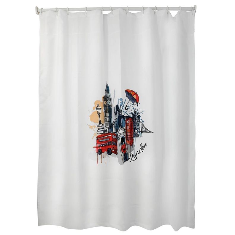 Cortina para Bano Estampada London Big Ben sin Forro Blanco