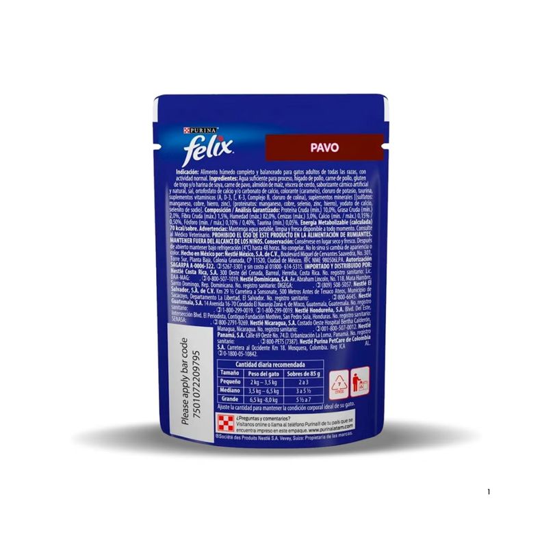 Sobres de Alimento Húmedo para Gatos 15 un. (sabor Pavo) - Felix-1