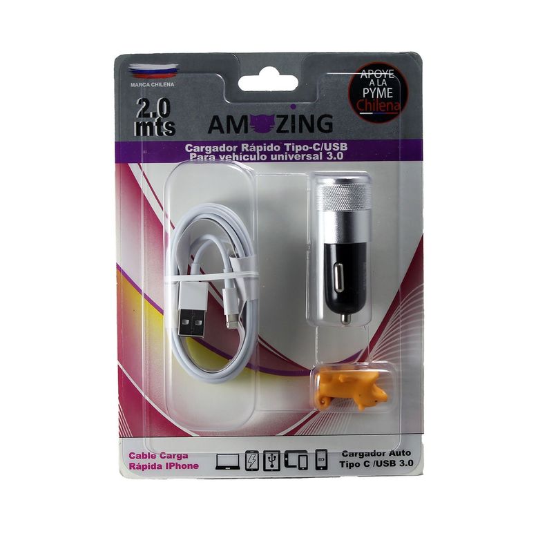 Cargador Rápido Tipo-C/USB para vehículos con Cable USB a IPhone-0