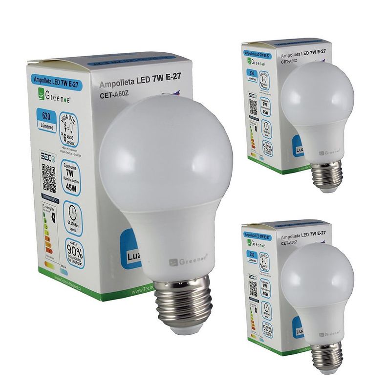Ampolleta Led de 7W.E27.Luz Fría/ x 3 Unidades-0