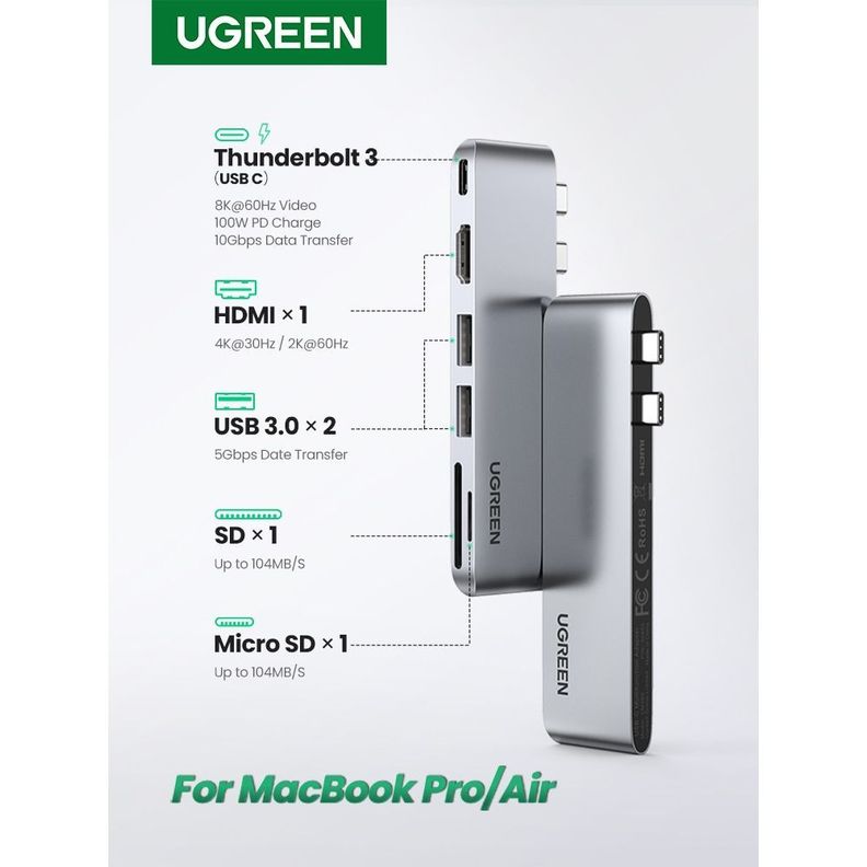 ADAPTADOR DUAL USB-C / HDMI + 2USB-A 3.0 + (SD/MICROSD) + USBC MACBOOK PRO/AIR UGREENCM380-1
