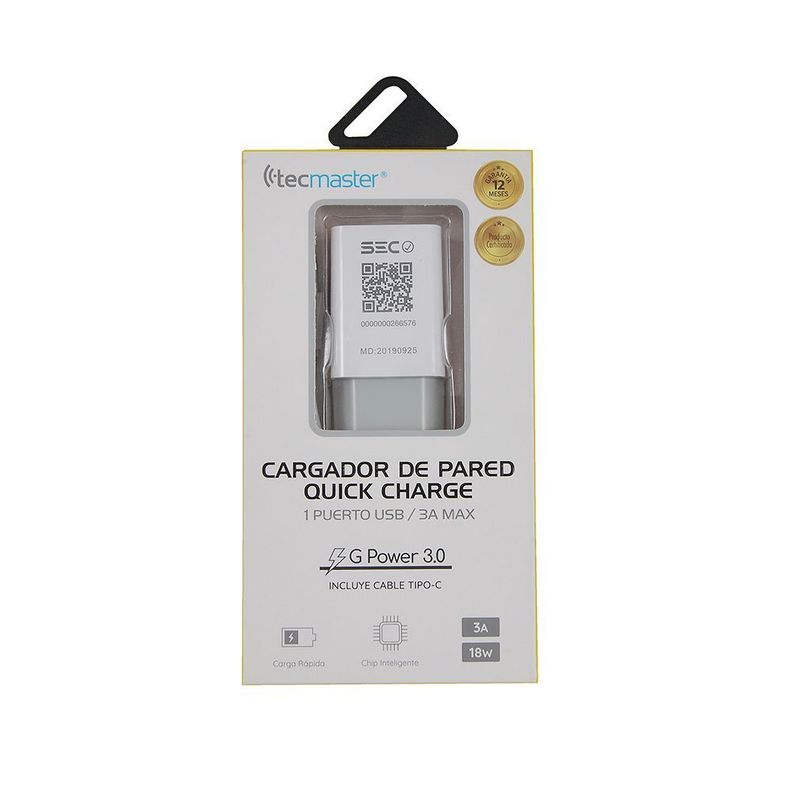 TECMASTER TM-200516 CARGADOR DE PARED QUICK CHARGE + CABLE USB-C-2