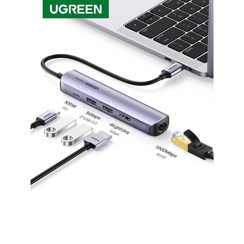 MULTIPUERTO USB-C / 1HDMI 4K/60HZ + 2USB 3.0 + RJ45 1000Mbps + 1IN USB-C PD ALUMINIO UGREEN CM418