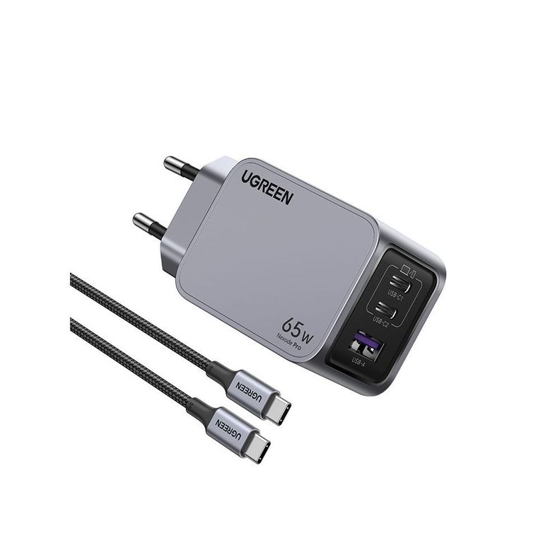 CARGADOR GAN TECH FAST SLIM 65W 2 USB-C / USB-A  + CABLE USB-C/USB-C  1.5M 100W MAX UGREEN X755-2