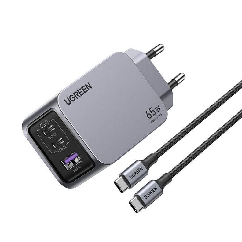 CARGADOR GAN TECH FAST SLIM 65W 2 USB-C / USB-A  + CABLE USB-C/USB-C  1.5M 100W MAX UGREEN X755-1