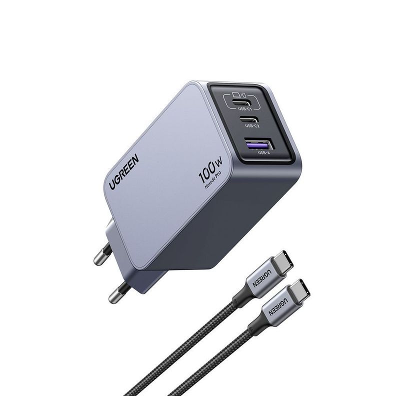CARGADOR GAN TECH FAST SLIM 100W 2 USB-C / USB-A  + CABLE USB-C/USB-C  1.5M 100W MAX UGREEN X757-1