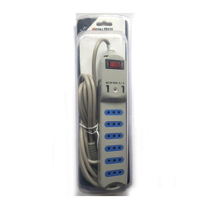 ALARGADOR 3MTS / 6 TOMAS, GRIS + 2 USB ROYALTECH-0