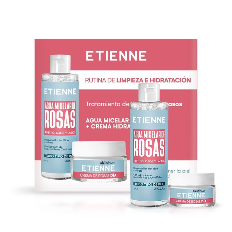 Etienne Set Agua Micelar 250ml + Crema Rosas Dia 50g Rosado