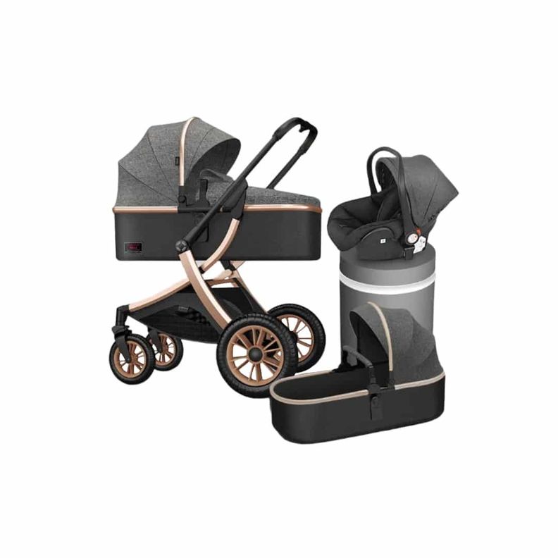 Coche Cuna Con Silla Nido y Cubre Pies Gris Dorado BABYMINE-0