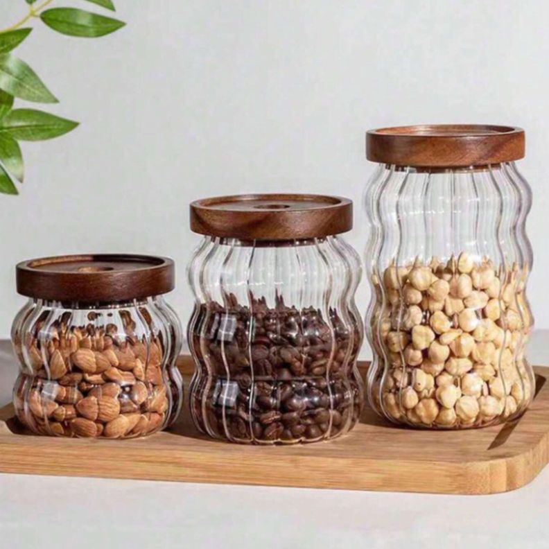Set de 3 Frascos de Vidrio con Tapa de Madera Cafe