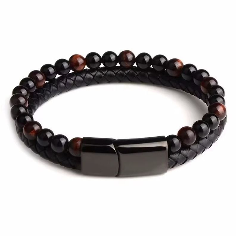 Pulsera de Cuero trenzado con Piedra natural Ojo de Tigre-0