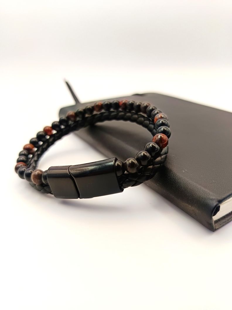 Pulsera de Cuero trenzado con Piedra natural Ojo de Tigre-1