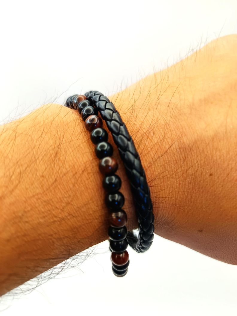 Pulsera de Cuero trenzado con Piedra natural Ojo de Tigre-2