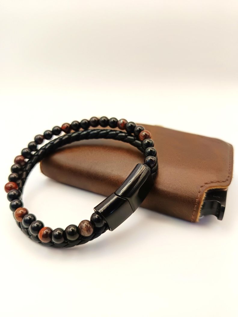Pulsera de Cuero trenzado con Piedra natural Ojo de Tigre-3