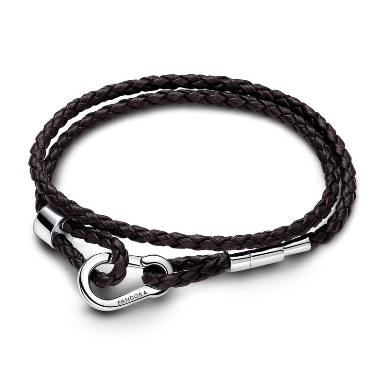 Brazalete Pandora Moments en Cuero Trenzado Doble Marrón-2