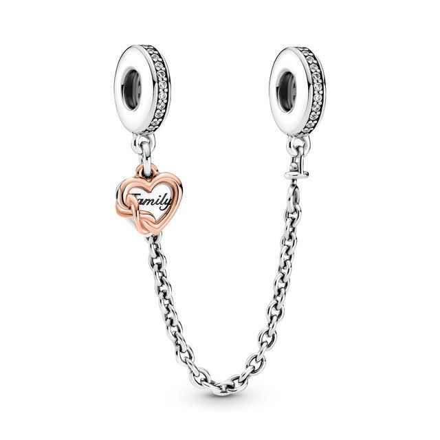 Cadena de Seguridad Plata y Oro Rosa 14k Corazon Familiar -0