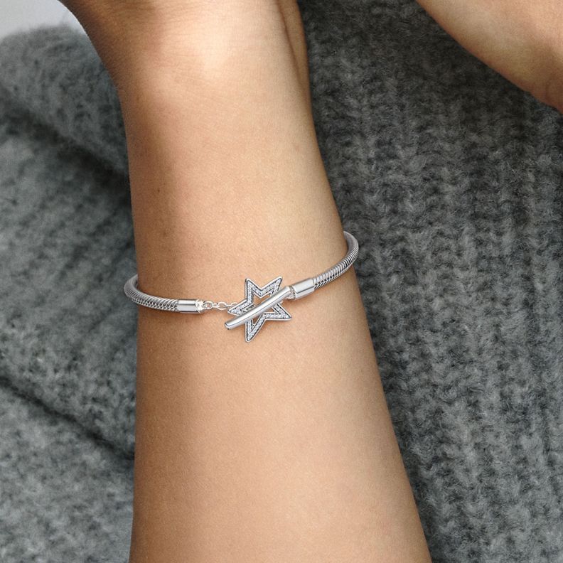 Brazalete en Plata Cadena Serpiente con Barra en T de Estrella -1