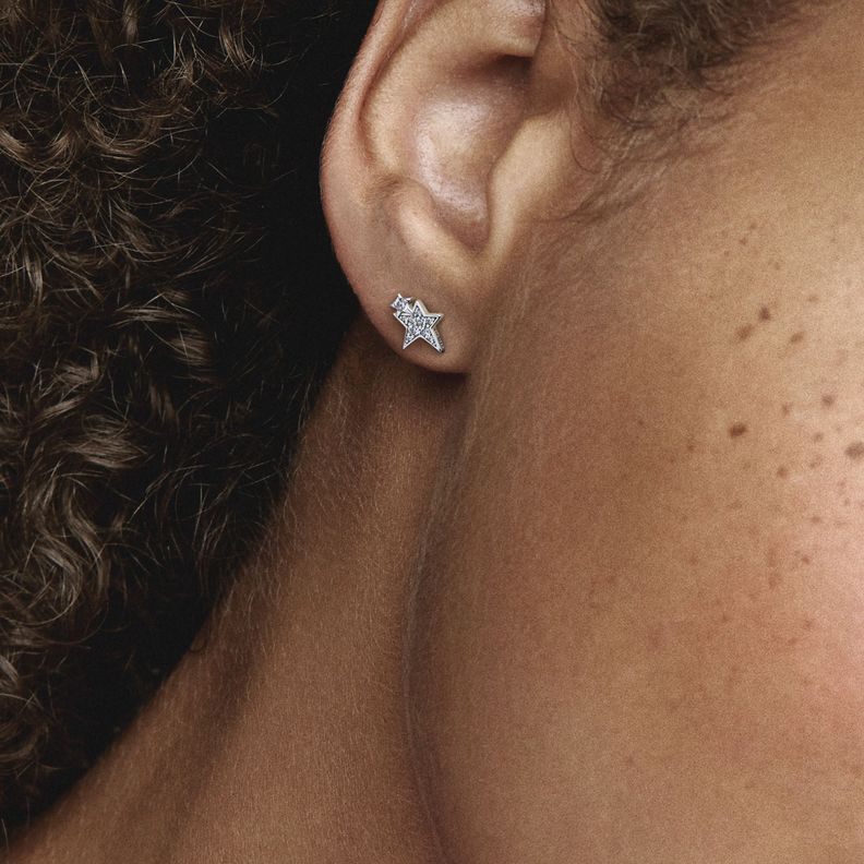 Aretes de Tuerca en Plata Brillantes Estrellas Asimétricas -1