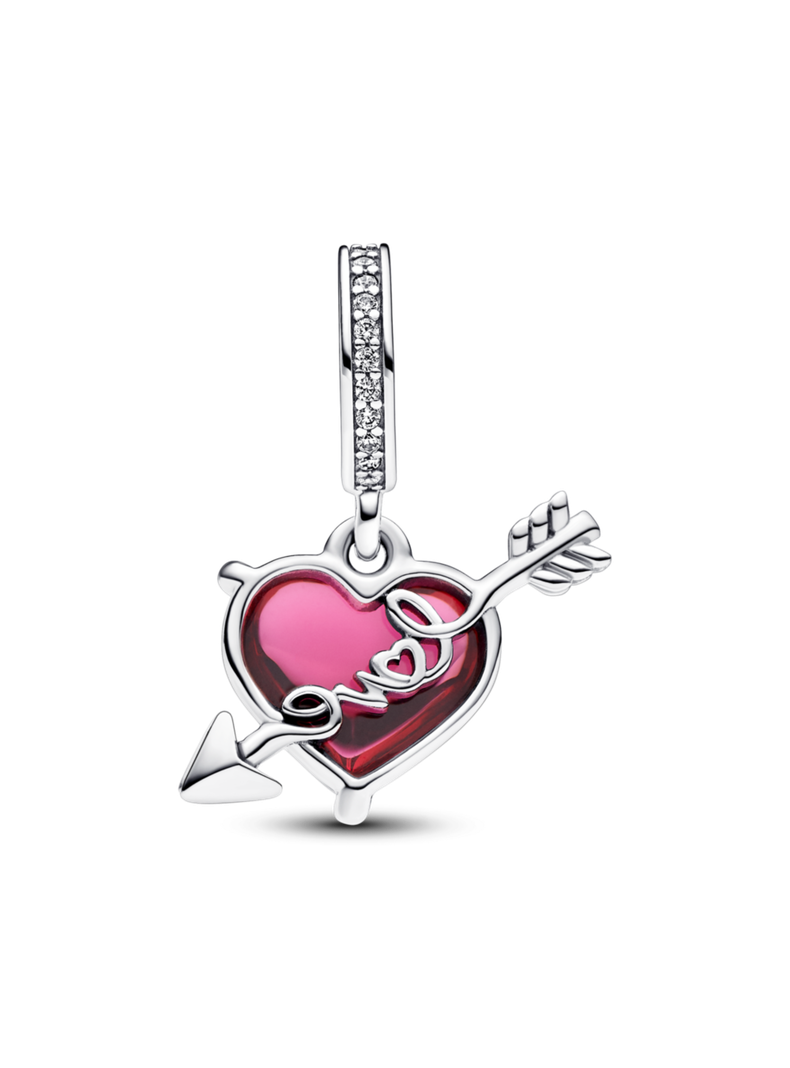 Charm Colgante de Cristal de Murano Corazon Rojo y Flecha Plata