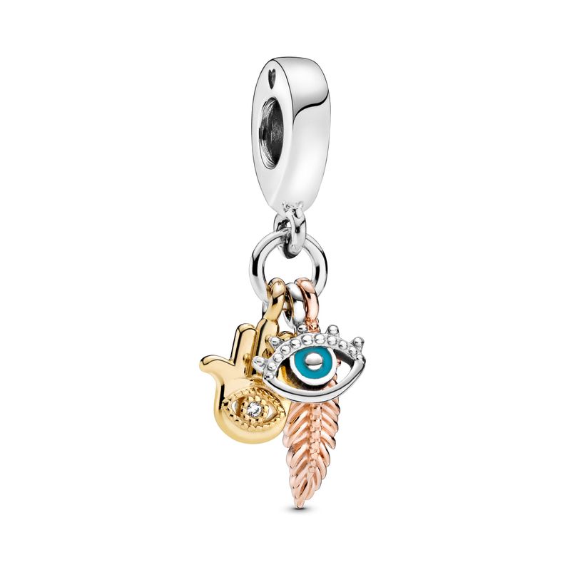 Charm Colgante  Plata Shine y Rose Hamsa El Ojo y La Pluma -0