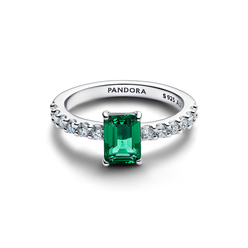Anillo Rectangular Verde Reluciente con Halo Plata 50