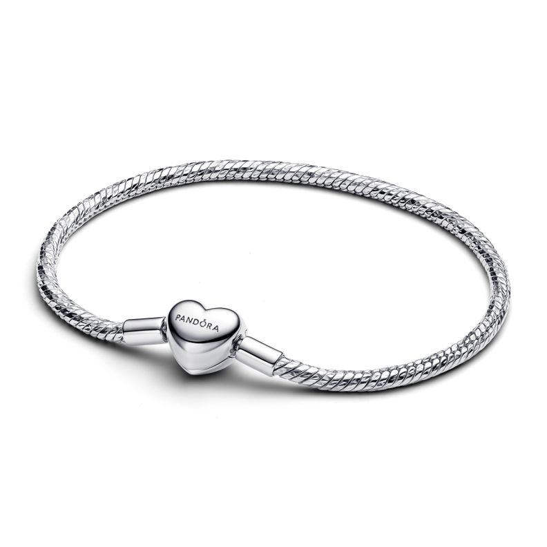 Brazalete de Cadena de Serpiente Facetado con Broche de Corazon Plateado Plata 16