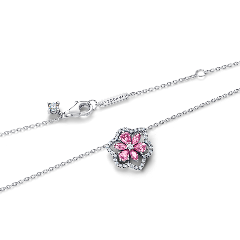 Collar con Colgante Estilo Herbario Rosado Brillante Plata 45