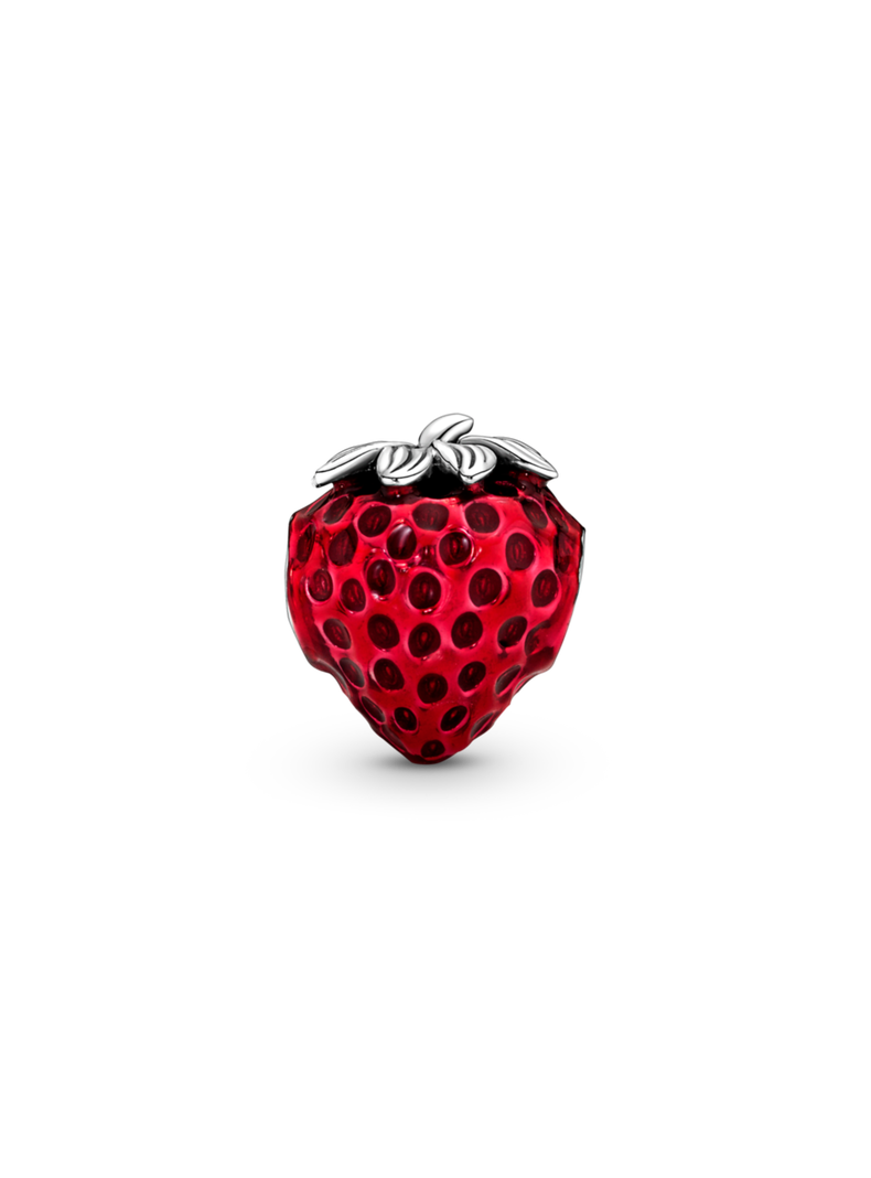 Charm Plata Fruta de Fresa con Semillas Esmalte Rojo