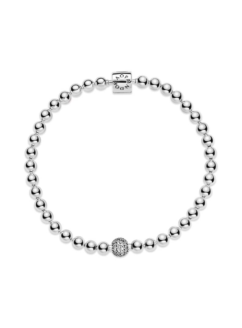 Brazalete en Plata Cuentas Pulidas y Pavé Circonia Cúbica Clara-0