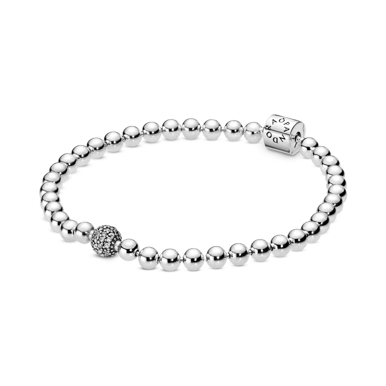 Brazalete en Plata Cuentas Pulidas y Pavé Circonia Cúbica Clara-1