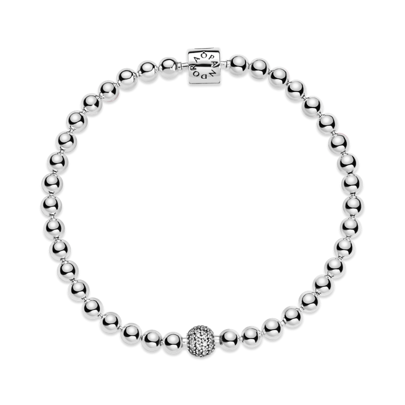 Brazalete en Plata Cuentas Pulidas y Pavé Circonia Cúbica Clara-2