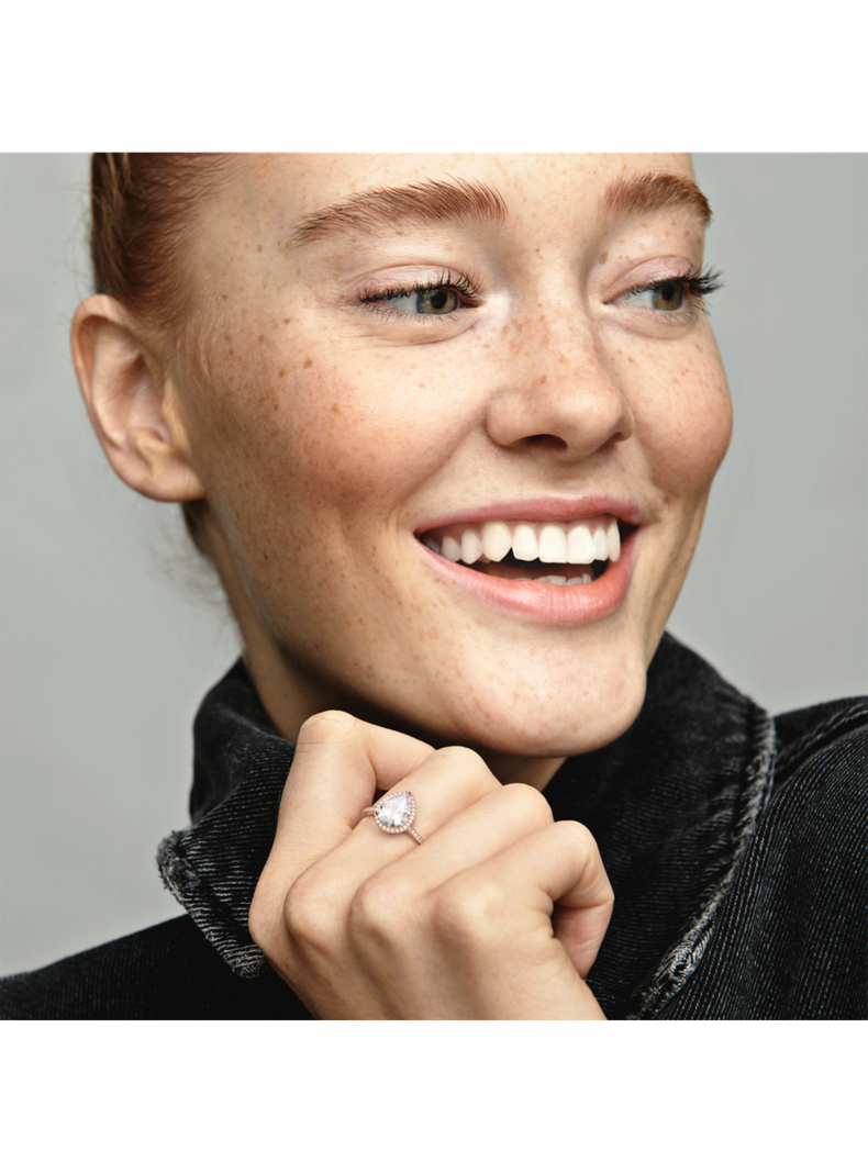 Anillo Halo Brillante Forma de Gota Recubrimiento Oro Rosa-2