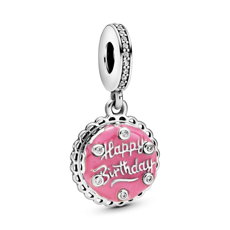 Charm Colgante Plata Pastel de Cumpleanos Esmalte Rosado