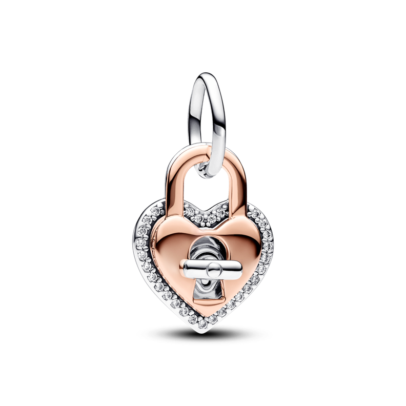 Dije Doble en PANDORA Rose y Plata Corazon de Candado Giratorio -0