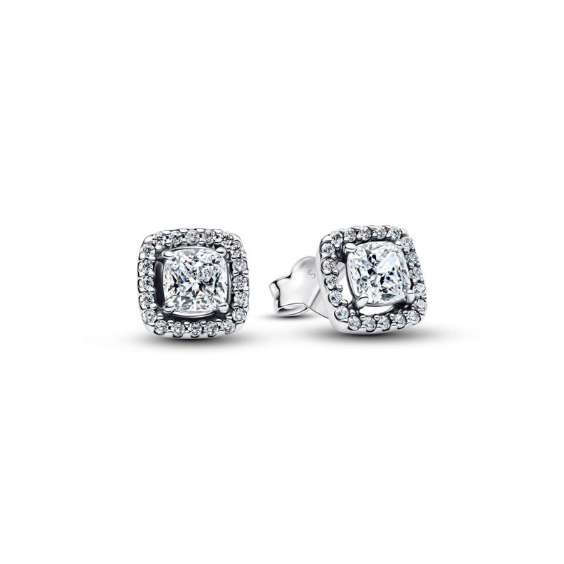 Aretes de Boton Halo Cuadrado Brillante Plateado Plata