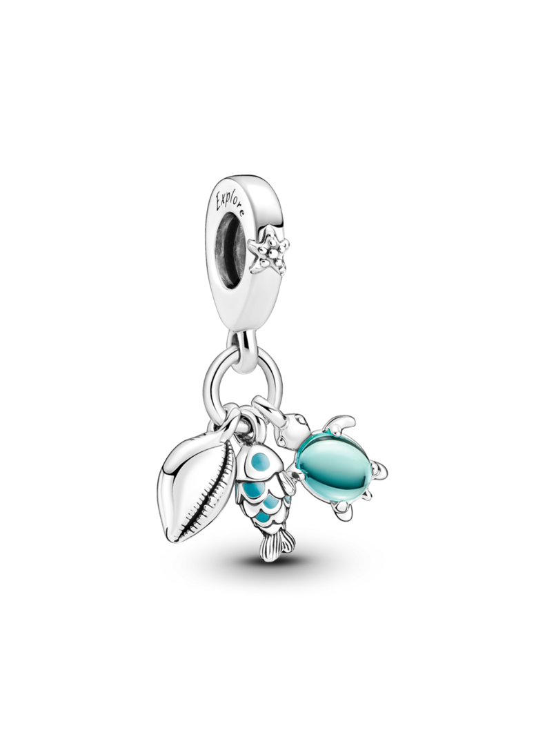 Charm Colgante Triple Pescado, Tortuga de Mar y Concha Plata