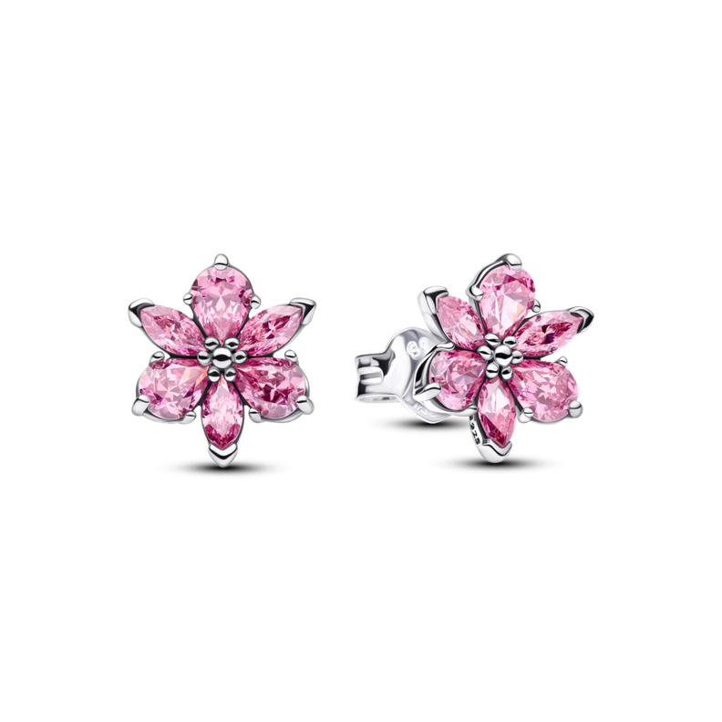 Aretes de Boton Flor Rosada Herbario Reluciente Plata