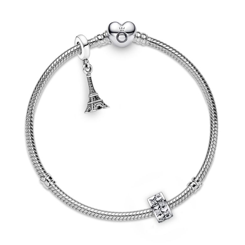 Gift Set Pulsera Plata con Dije Torre Eiffel y Clip de Corazones-0