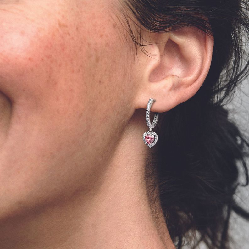 Aretes de Aro en Plata Corazón de Halo Brillante y Rosa-1