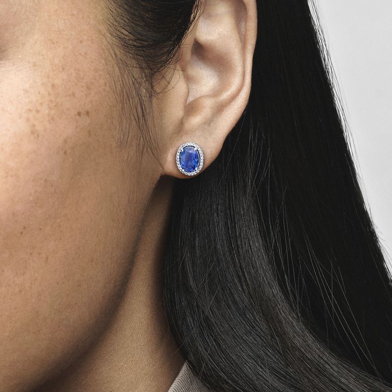 Aretes de Tuerca Plata Halo Brillante Llamativo Con Cristal Azul-1